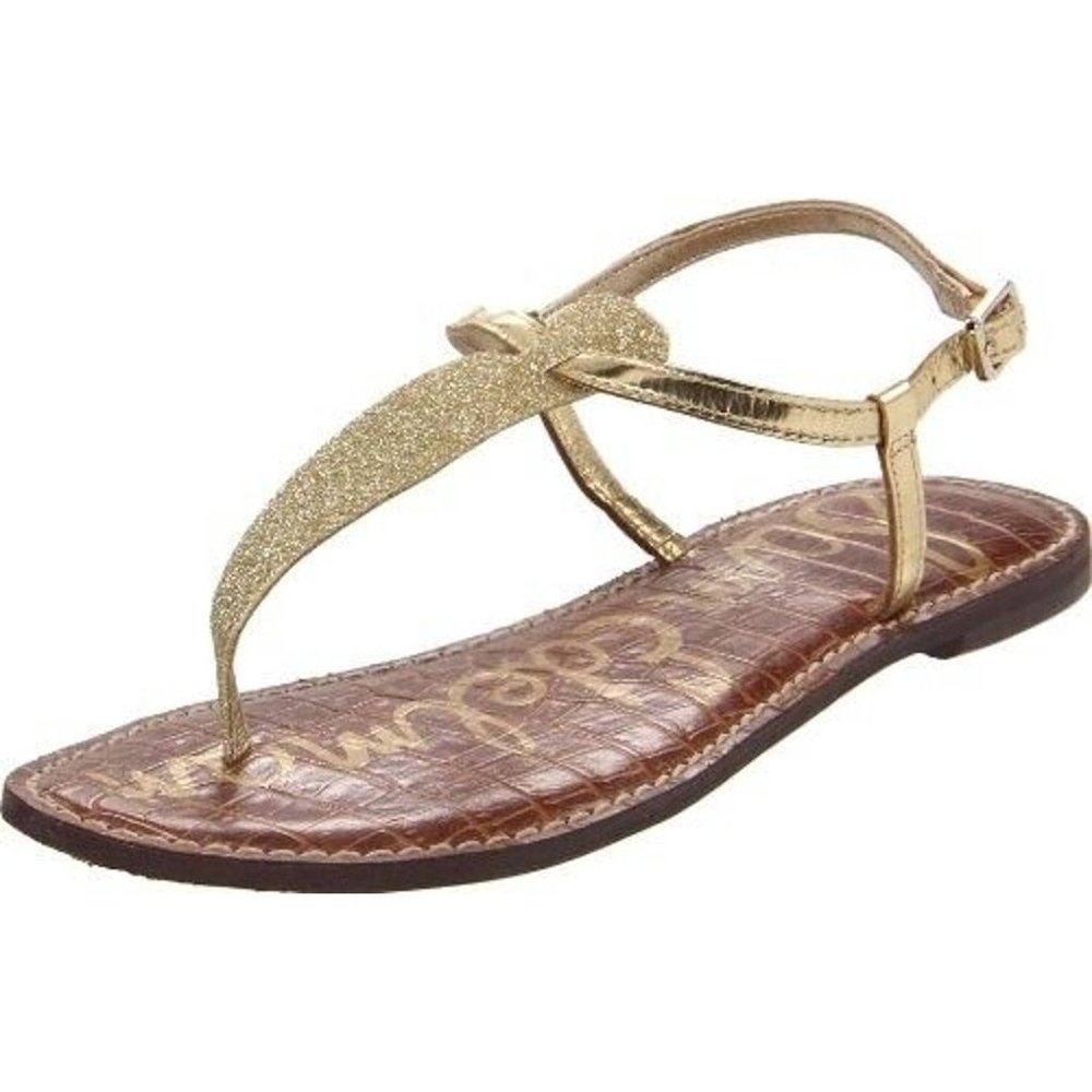 Sam Edelman Gigi T Strap Flat Sandal Gold Glitter Metallic Thong Ankle S…